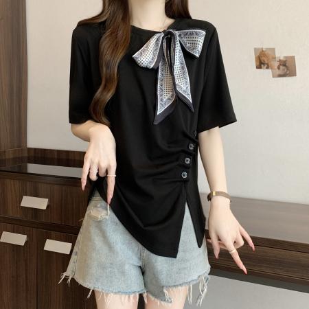 BY13315# 领口丝巾设计T恤大码女装时髦别致上衣胖mm夏新款 服裝批發女裝批發服飾貨源