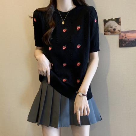 BY13316# 胖MM法式立体球草莓提花菱形镂空减龄泡泡短袖套头上衣 服裝批發女裝批發服飾貨源