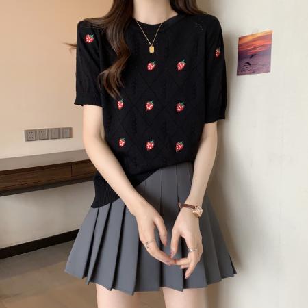 BY13316# 胖MM法式立体球草莓提花菱形镂空减龄泡泡短袖套头上衣 服裝批發女裝批發服飾貨源