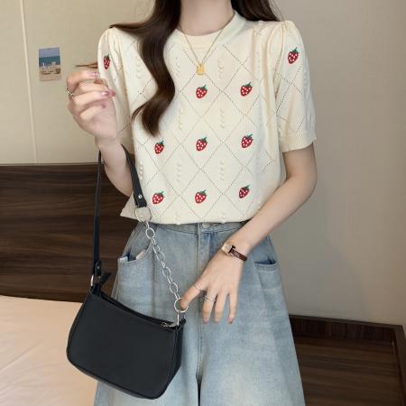 BY13316# 胖MM法式立体球草莓提花菱形镂空减龄泡泡短袖套头上衣 服裝批發女裝批發服飾貨源