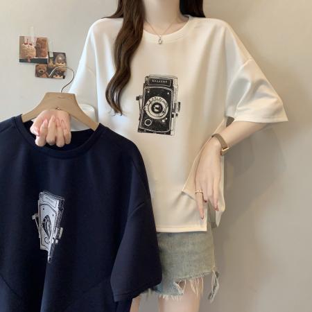 BY13317# 胖MM新款时尚印花拼色不规则T恤女宽松显瘦休闲百搭小众上衣 服裝批發女裝批發服飾貨源