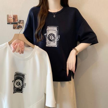 BY13317# 胖MM新款时尚印花拼色不规则T恤女宽松显瘦休闲百搭小众上衣 服裝批發女裝批發服飾貨源