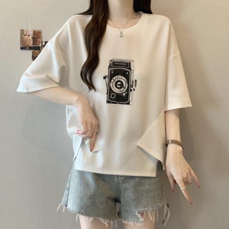 BY13317# 胖MM新款时尚印花拼色不规则T恤女宽松显瘦休闲百搭小众上衣 服裝批發女裝批發服飾貨源