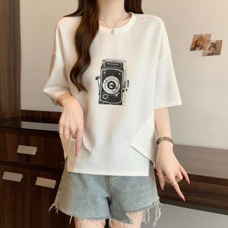 BY13317# 胖MM新款时尚印花拼色不规则T恤女宽松显瘦休闲百搭小众上衣 服裝批發女裝批發服飾貨源