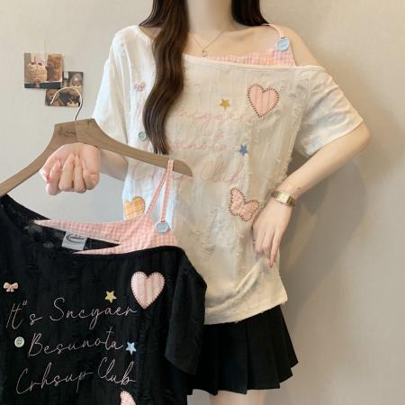 BY13318# 胖MM甜美爱心贴布破洞斜肩吊带短袖t恤女夏季抽绳收腰显瘦上衣 服裝批發女裝批發服飾貨源