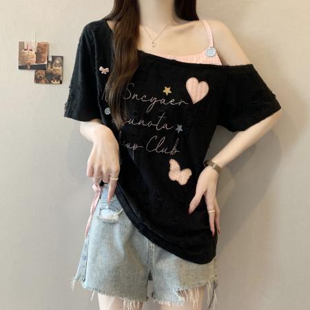 BY13318# 胖MM甜美爱心贴布破洞斜肩吊带短袖t恤女夏季抽绳收腰显瘦上衣 服裝批發女裝批發服飾貨源