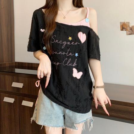 BY13318# 胖MM甜美爱心贴布破洞斜肩吊带短袖t恤女夏季抽绳收腰显瘦上衣 服裝批發女裝批發服飾貨源