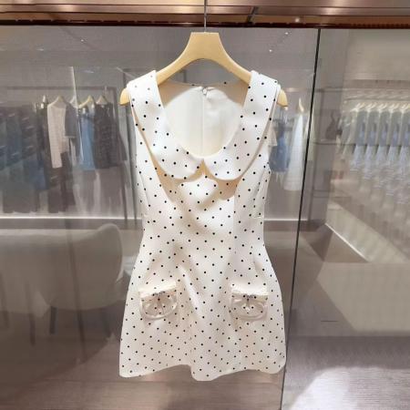 BY13323# 夏季新款精致风白色娃娃领浪漫波卡尔波点法式优雅收腰连衣裙 服裝批發女裝批發服飾貨源