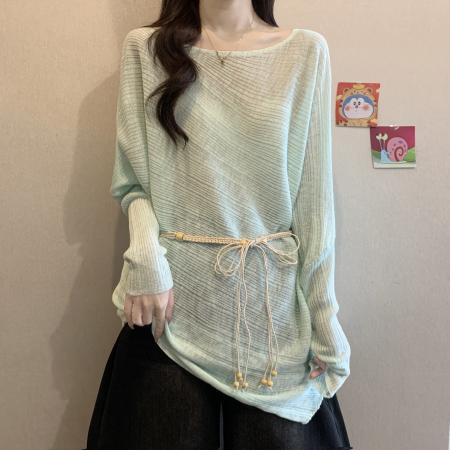 BY13324# 纯色薄款针织衫女新款春夏大码胖mm收腰不规则防晒空调衫上衣 服裝批發女裝批發服飾貨源