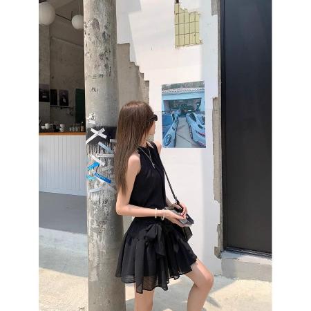 BY13328# 法式挂脖无袖蓝色连衣裙女装夏季设计感蝴蝶结绑带A字裙黑色短裙 服裝批發女裝批發服飾貨源