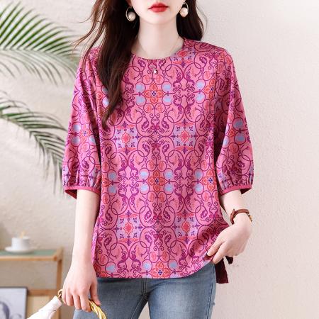 BY13329# 春季新款大码女装胖MM新中式淡人气质圆领印花七分袖衬衫女 服裝批發女裝批發服飾貨源