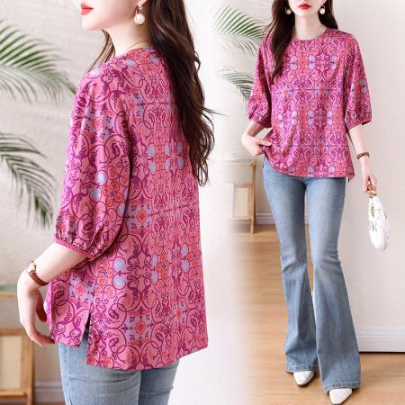 BY13329# 春季新款大码女装胖MM新中式淡人气质圆领印花七分袖衬衫女 服裝批發女裝批發服飾貨源