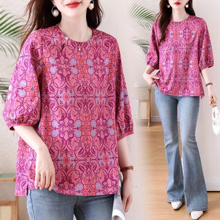 BY13329# 春季新款大码女装胖MM新中式淡人气质圆领印花七分袖衬衫女 服裝批發女裝批發服飾貨源