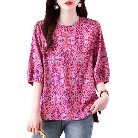 BY13329# 春季新款大码女装胖MM新中式淡人气质圆领印花七分袖衬衫女 服裝批發女裝批發服飾貨源
