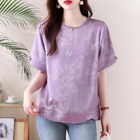 BY13330# 胖妹妹夏季新款新中式提花短袖衬衫女宽松圆领紫色缎面上衣 服裝批發女裝批發服飾貨源