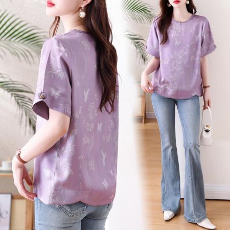 BY13330# 胖妹妹夏季新款新中式提花短袖衬衫女宽松圆领紫色缎面上衣 服裝批發女裝批發服飾貨源