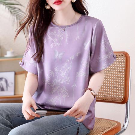 BY13330# 胖妹妹夏季新款新中式提花短袖衬衫女宽松圆领紫色缎面上衣 服裝批發女裝批發服飾貨源