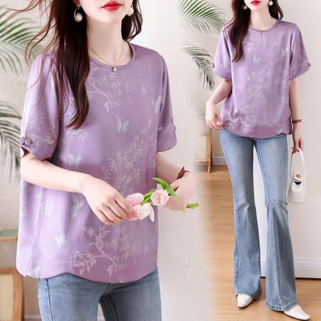 BY13330# 胖妹妹夏季新款新中式提花短袖衬衫女宽松圆领紫色缎面上衣 服裝批發女裝批發服飾貨源