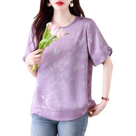 BY13330# 胖妹妹夏季新款新中式提花短袖衬衫女宽松圆领紫色缎面上衣 服裝批發女裝批發服飾貨源
