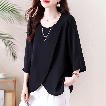 BY13331# 夏季胖妹妹黑色雪纺七分袖上衣女不规则链条圆领通勤显瘦衬衫 服裝批發女裝批發服飾貨源