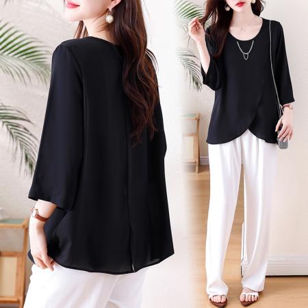 BY13331# 夏季胖妹妹黑色雪纺七分袖上衣女不规则链条圆领通勤显瘦衬衫 服裝批發女裝批發服飾貨源