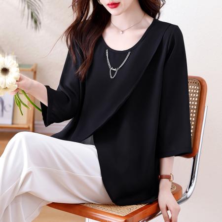 BY13331# 夏季胖妹妹黑色雪纺七分袖上衣女不规则链条圆领通勤显瘦衬衫 服裝批發女裝批發服飾貨源
