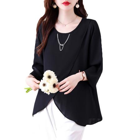 BY13331# 夏季胖妹妹黑色雪纺七分袖上衣女不规则链条圆领通勤显瘦衬衫 服裝批發女裝批發服飾貨源