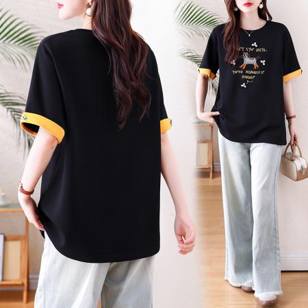 BY13332# 休闲刺绣拼接短袖T恤女春季新款上衣大码欧货宽松女装 服裝批發女裝批發服飾貨源