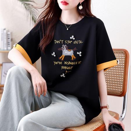 BY13332# 休闲刺绣拼接短袖T恤女春季新款上衣大码欧货宽松女装 服裝批發女裝批發服飾貨源