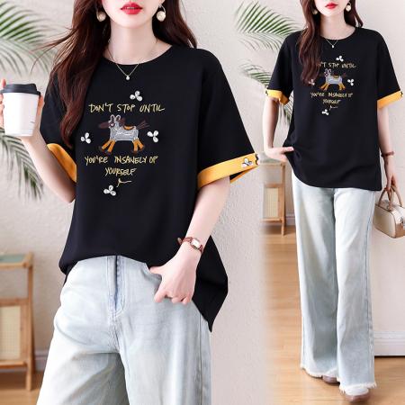 BY13332# 休闲刺绣拼接短袖T恤女春季新款上衣大码欧货宽松女装 服裝批發女裝批發服飾貨源