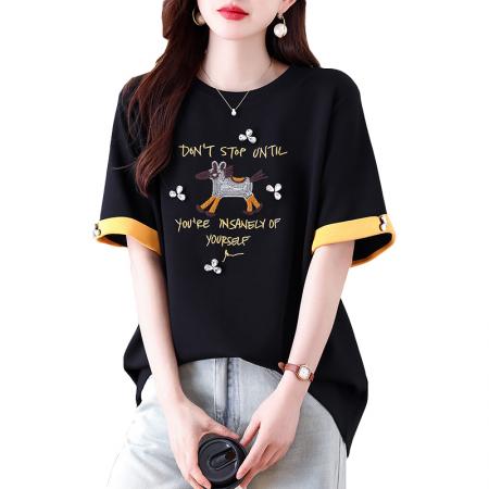 BY13332# 休闲刺绣拼接短袖T恤女春季新款上衣大码欧货宽松女装 服裝批發女裝批發服飾貨源