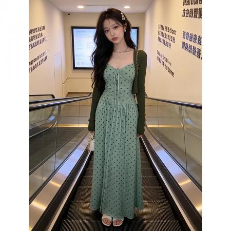 BY13333# 法式红色波点连衣裙女早春季新款绝美穿搭高级感收腰长裙套装 服裝批發女裝批發服飾貨源