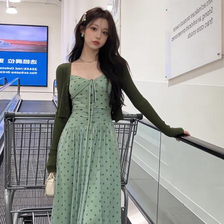 BY13333# 法式红色波点连衣裙女早春季新款绝美穿搭高级感收腰长裙套装 服裝批發女裝批發服飾貨源