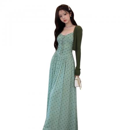 BY13333# 法式红色波点连衣裙女早春季新款绝美穿搭高级感收腰长裙套装 服裝批發女裝批發服飾貨源