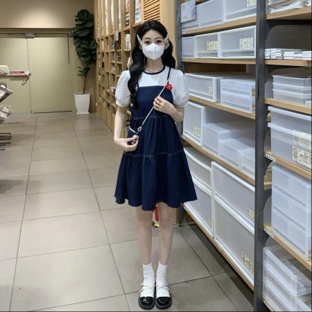 BY13334# 泡泡袖连衣裙假两件夏季轻薄立体花裙子 服裝批發女裝批發服飾貨源