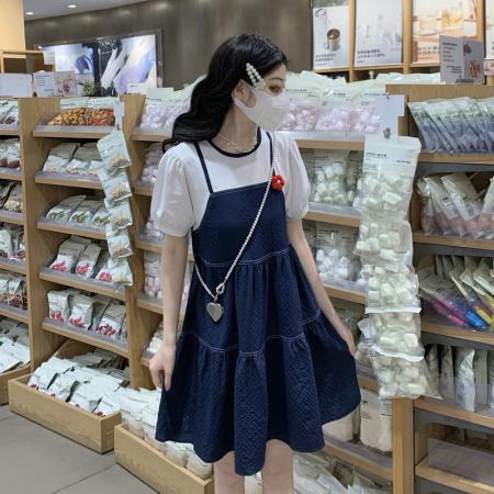 BY13334# 泡泡袖连衣裙假两件夏季轻薄立体花裙子 服裝批發女裝批發服飾貨源