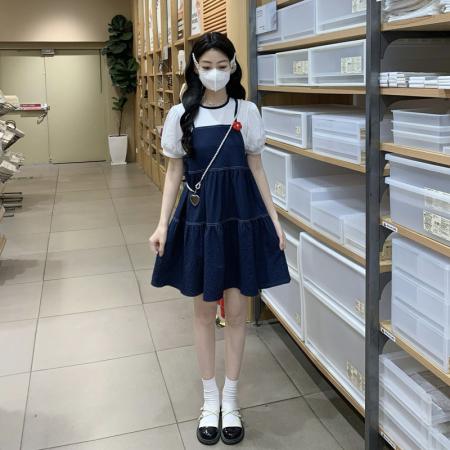 BY13334# 泡泡袖连衣裙假两件夏季轻薄立体花裙子 服裝批發女裝批發服飾貨源