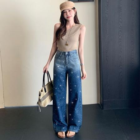 BY13335# 深蓝色牛仔阔腿裤女百搭渐变拖地裤高腰显瘦烫钻裤子 服裝批發女裝批發服飾貨源