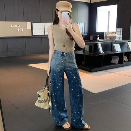 BY13335# 深蓝色牛仔阔腿裤女百搭渐变拖地裤高腰显瘦烫钻裤子 服裝批發女裝批發服飾貨源