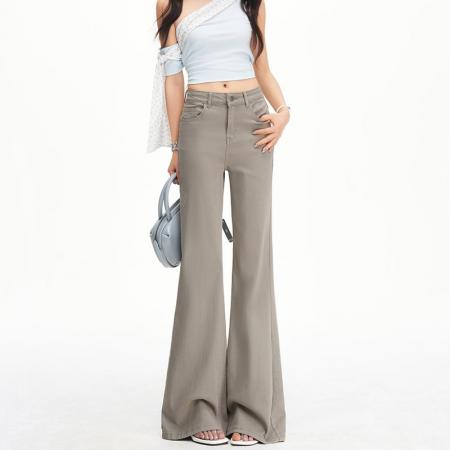 BY13336# 白灰色高腰韩系风弹力牛仔裤女春夏新腿柔软垂感喇叭裤 服裝批發女裝批發服飾貨源