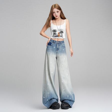 BY13337# 烫钻设计闪闪新款渐变高腰阔腿牛仔裤女显瘦长裤加长 服裝批發女裝批發服飾貨源