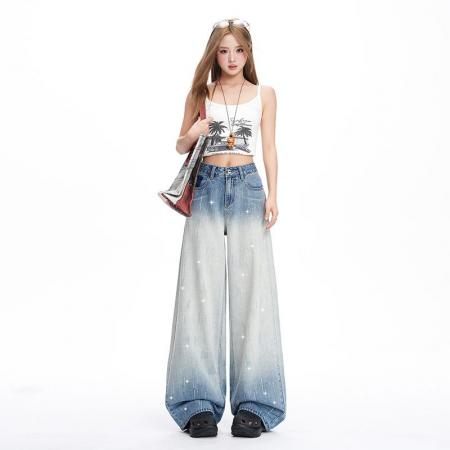 BY13337# 烫钻设计闪闪新款渐变高腰阔腿牛仔裤女显瘦长裤加长 服裝批發女裝批發服飾貨源