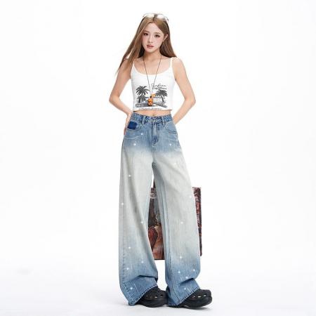 BY13337# 烫钻设计闪闪新款渐变高腰阔腿牛仔裤女显瘦长裤加长 服裝批發女裝批發服飾貨源