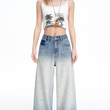 BY13337# 烫钻设计闪闪新款渐变高腰阔腿牛仔裤女显瘦长裤加长 服裝批發女裝批發服飾貨源