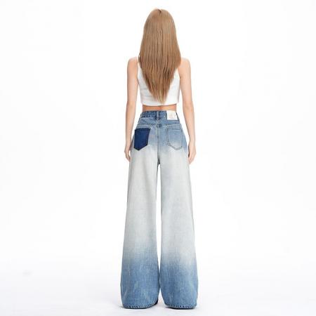 BY13337# 烫钻设计闪闪新款渐变高腰阔腿牛仔裤女显瘦长裤加长 服裝批發女裝批發服飾貨源