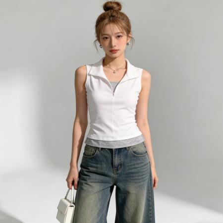 BY13338# 拼接假两件撞色无袖背心女夏季新款洋气外穿显瘦百搭小衫上衣 服裝批發女裝批發服飾貨源