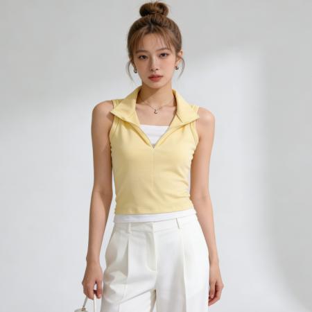 BY13338# 拼接假两件撞色无袖背心女夏季新款洋气外穿显瘦百搭小衫上衣 服裝批發女裝批發服飾貨源