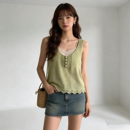 BY13339# 韩系温柔风彩点针织吊带背心春夏新款宽松显瘦花边下摆内搭外 服裝批發女裝批發服飾貨源