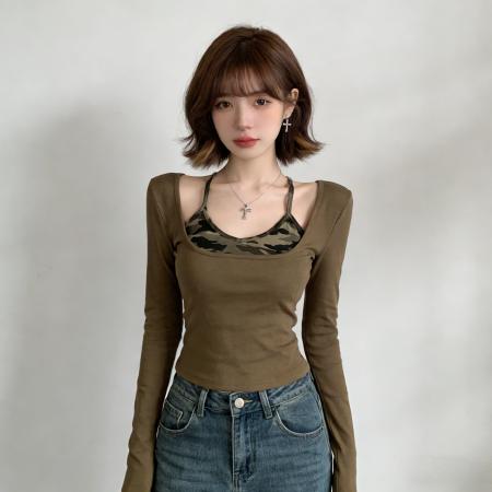BY13341# 早春带胸垫假两件镂空拼接迷彩t恤打底辣妹挂脖吊带短款上衣 服裝批發女裝批發服飾貨源