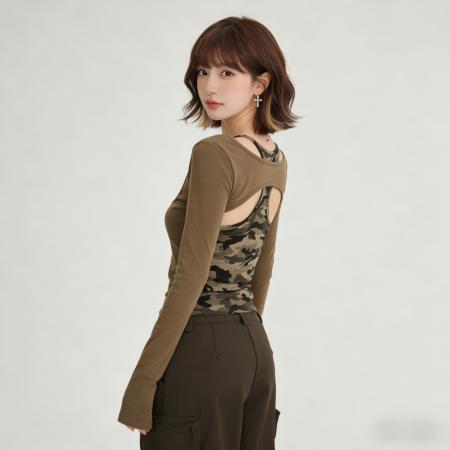 BY13341# 早春带胸垫假两件镂空拼接迷彩t恤打底辣妹挂脖吊带短款上衣 服裝批發女裝批發服飾貨源